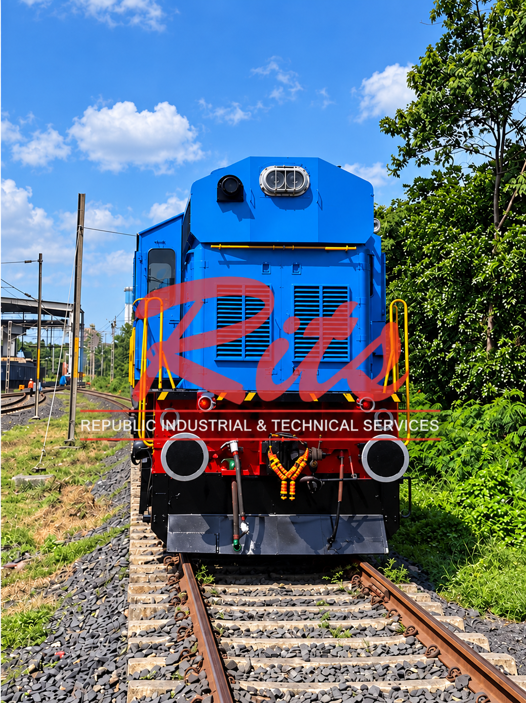 Front view of a blue diesel locomotive on railway track