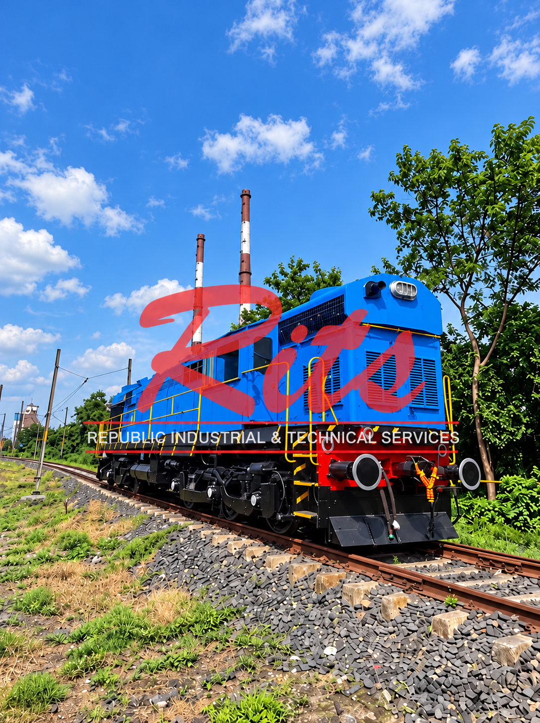 Side view of a blue diesel locomotive on railway track