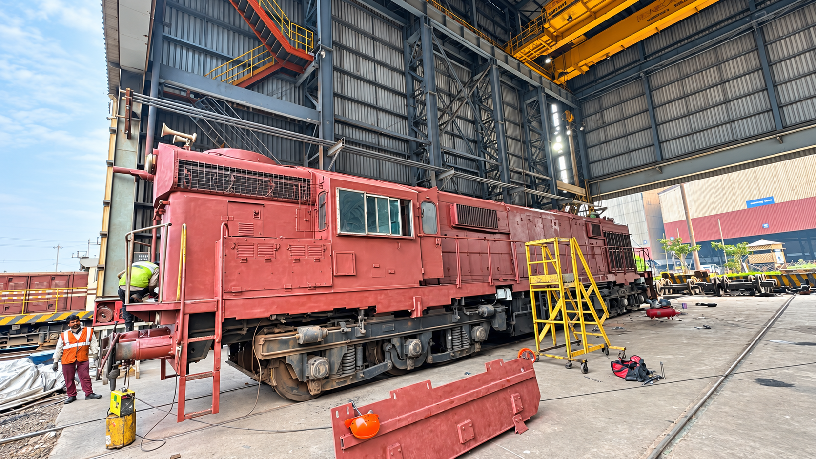 Locomotive in a railway maintenance workshop
