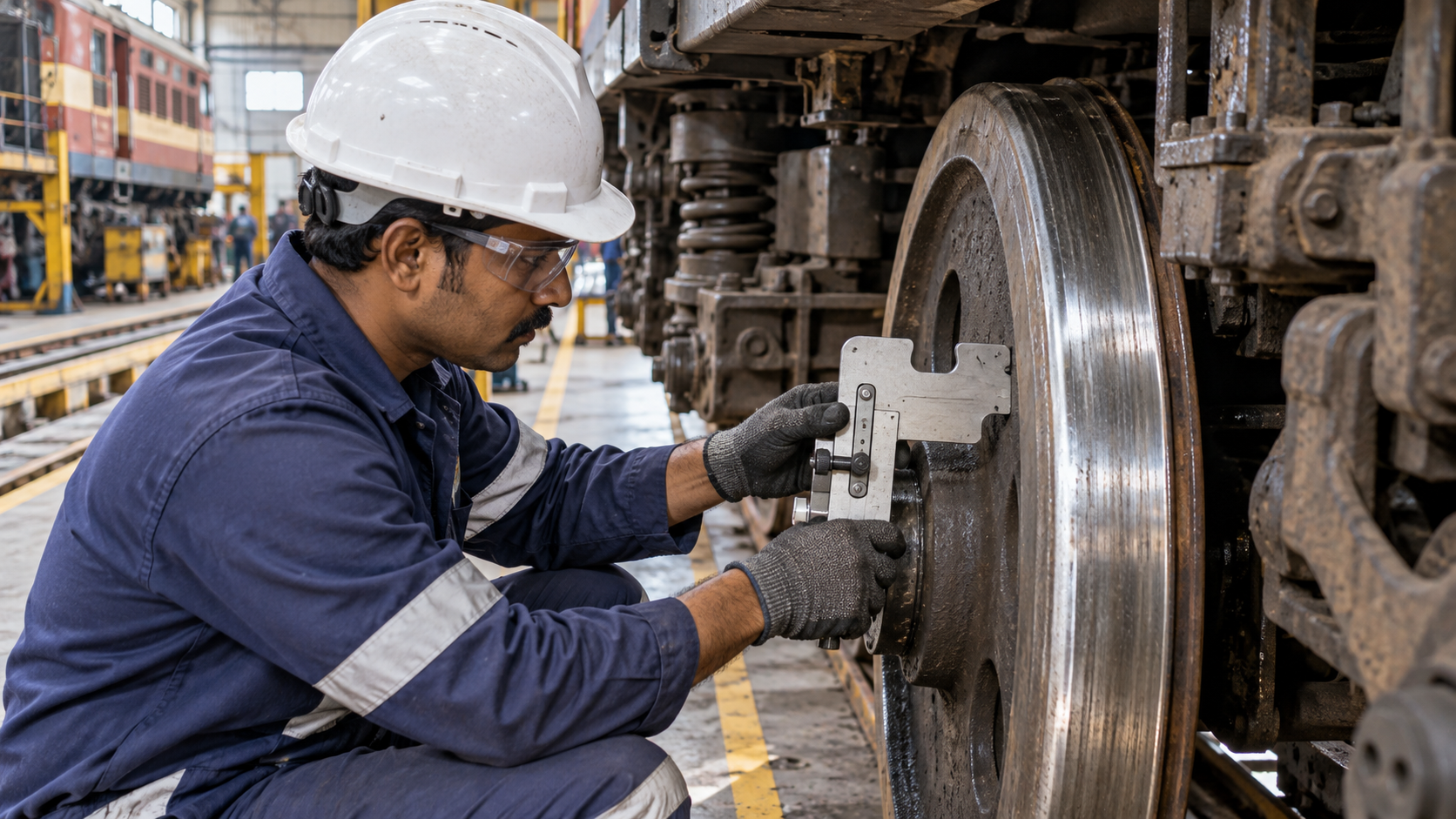 Illustrative image of a technician checking a locomotive wheel profile